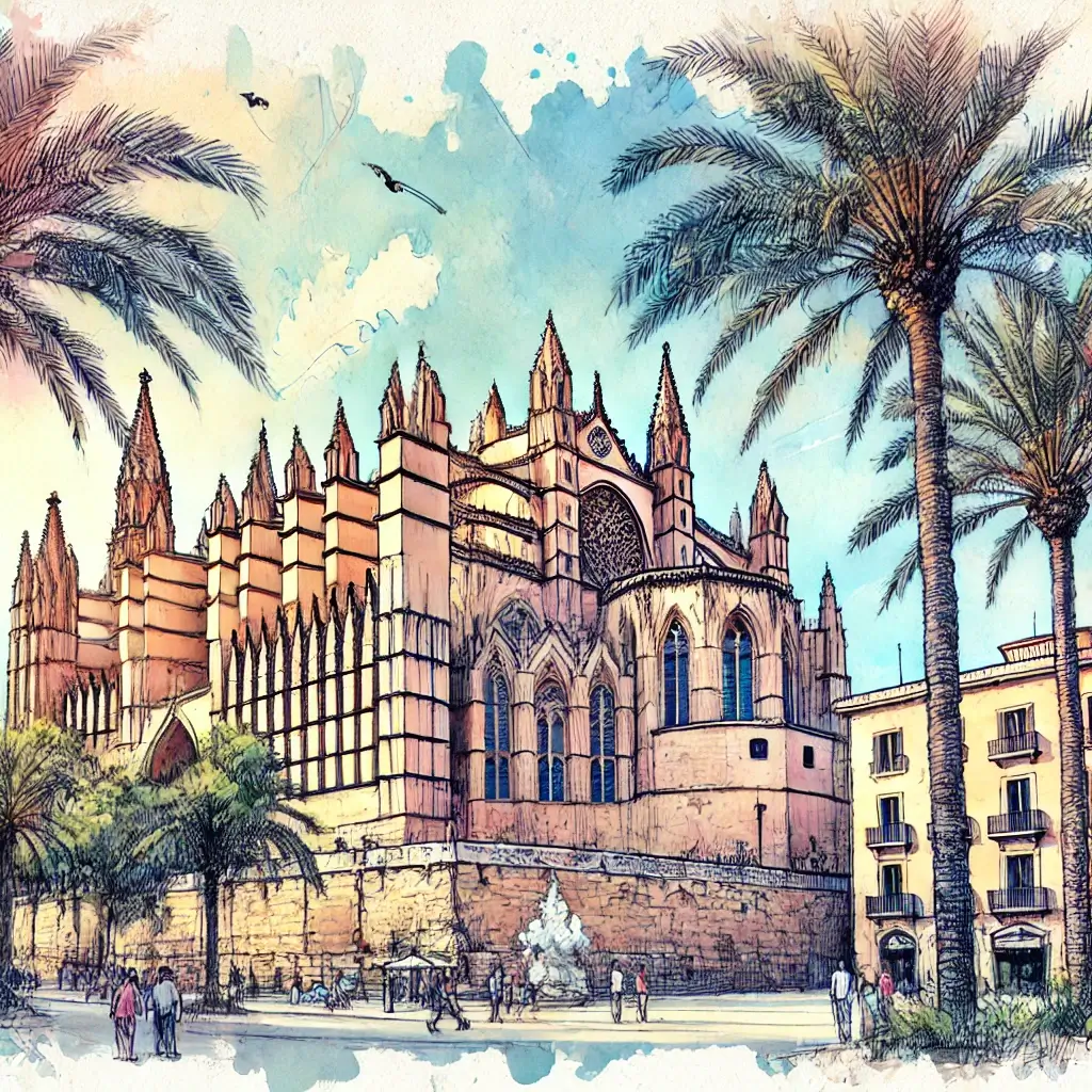 an urban sketch style illustration of the cathedral of palma de mallorca (la seu) with intricate linework, soft watercolor effects, and a lively atmos